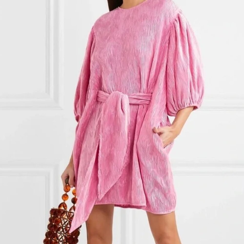 Ganni Pleated Satin Pink Dress